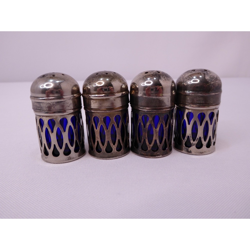 VTG 4pc Cobalt Blue Glass Silver Plate Salt & Pepper Shakers Lattice England